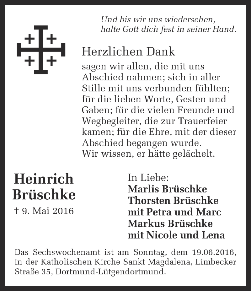  Traueranzeige für Heinrich Brüschke vom 15.06.2016 aus Ruhr Nachrichten