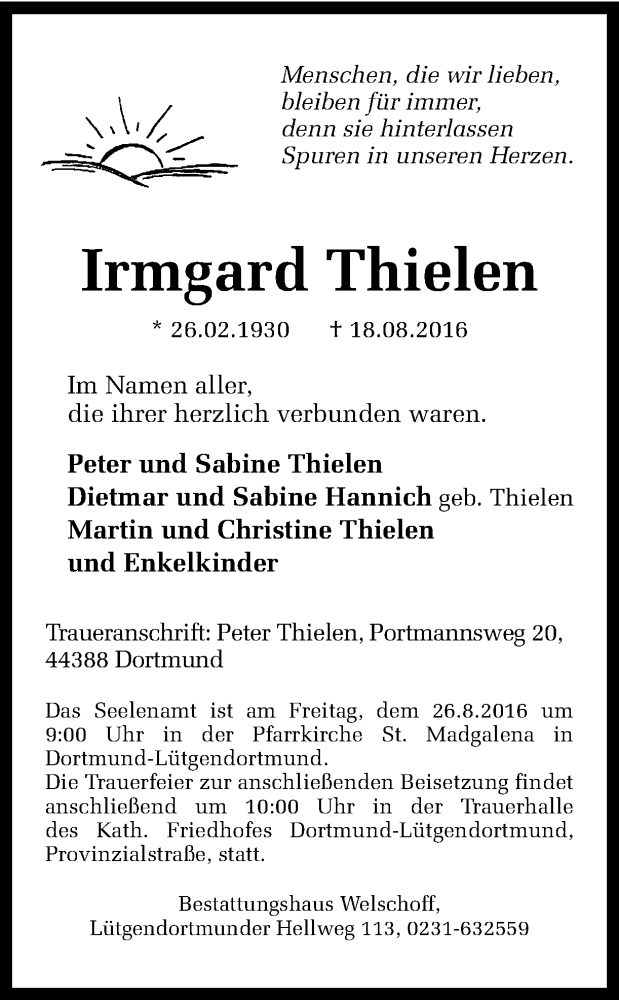 Traueranzeige für Irmgard Thielen vom 20.08.2016 aus Ruhr Nachrichten