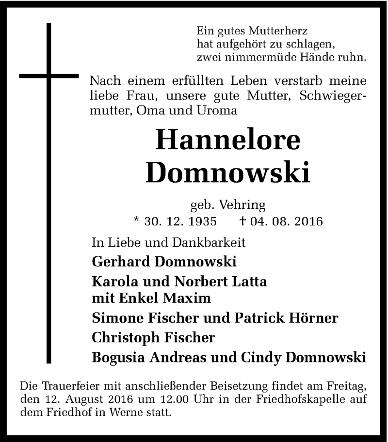  Traueranzeige für Hannelore Domnowski vom 09.08.2016 aus Ruhr Nachrichten