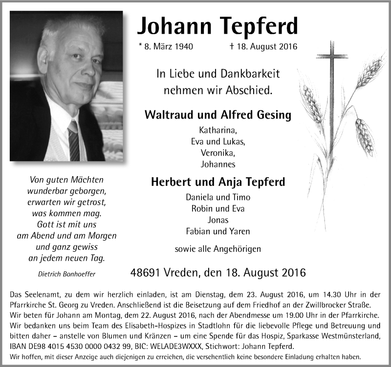  Traueranzeige für Johann Tepferd vom 20.08.2016 aus Münstersche Zeitung und Münsterland Zeitung