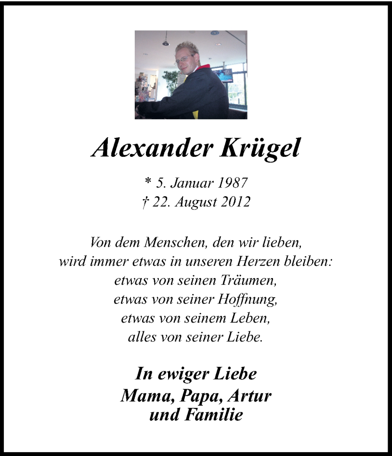  Traueranzeige für Alexander Krügel vom 22.08.2016 aus Ruhr Nachrichten