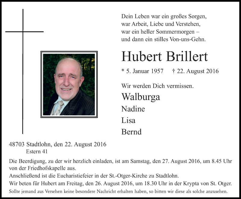  Traueranzeige für Hubert Brillert vom 26.08.2016 aus Münstersche Zeitung und Münsterland Zeitung