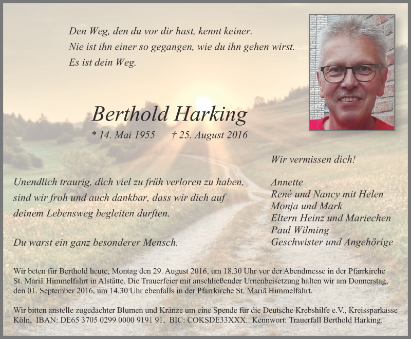  Traueranzeige für Berthold Harking vom 29.08.2016 aus Münstersche Zeitung und Münsterland Zeitung