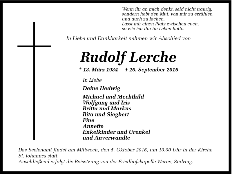  Traueranzeige für Rudolf Lerche vom 29.09.2016 aus Ruhr Nachrichten