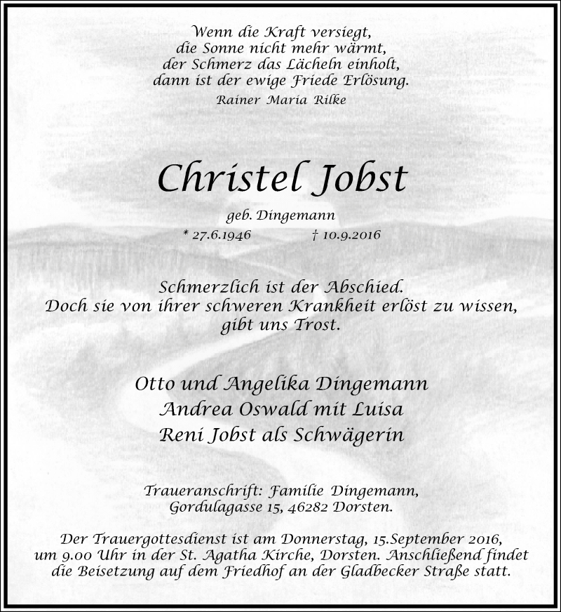  Traueranzeige für Christel Jobst vom 13.09.2016 aus Ruhr Nachrichten und Dorstener Zeitung