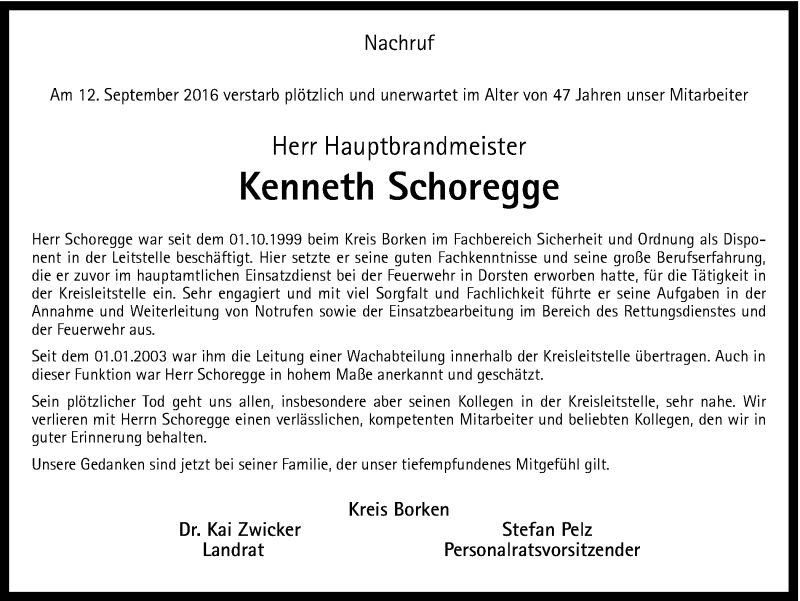  Traueranzeige für Kenneth Schoregge vom 27.09.2016 aus Ruhr Nachrichten und Dorstener Zeitung