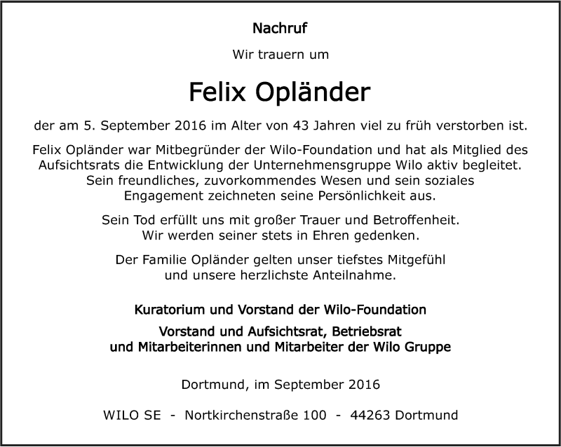  Traueranzeige für Felix Opländer vom 19.09.2016 aus Ruhr Nachrichten