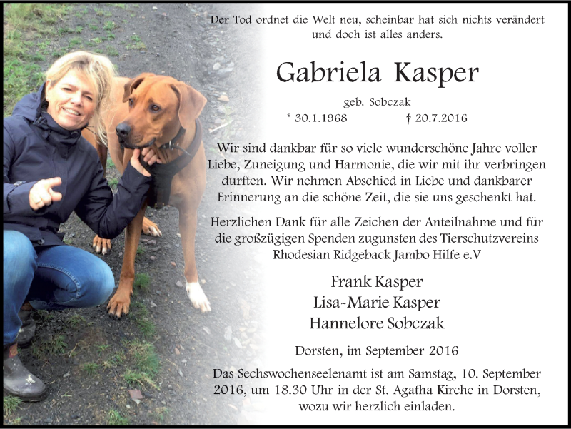  Traueranzeige für Gabriela Kasper vom 07.09.2016 aus Ruhr Nachrichten und Dorstener Zeitung
