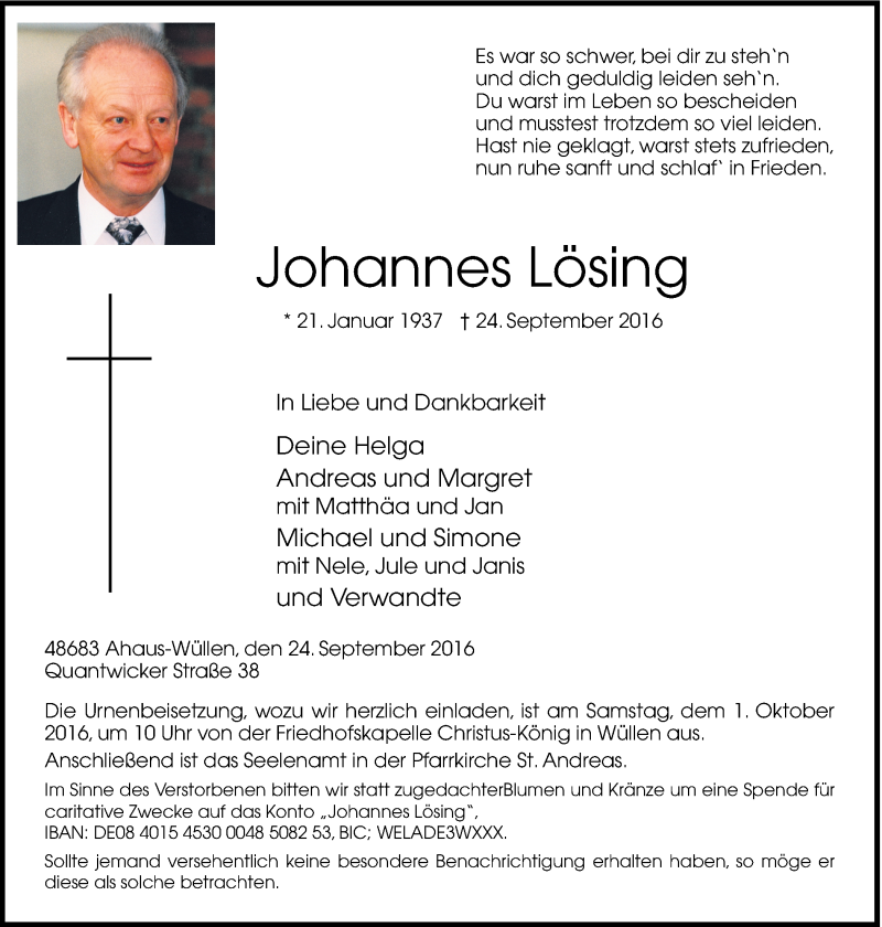  Traueranzeige für Johannes Lösing vom 27.09.2016 aus Münstersche Zeitung und Münsterland Zeitung