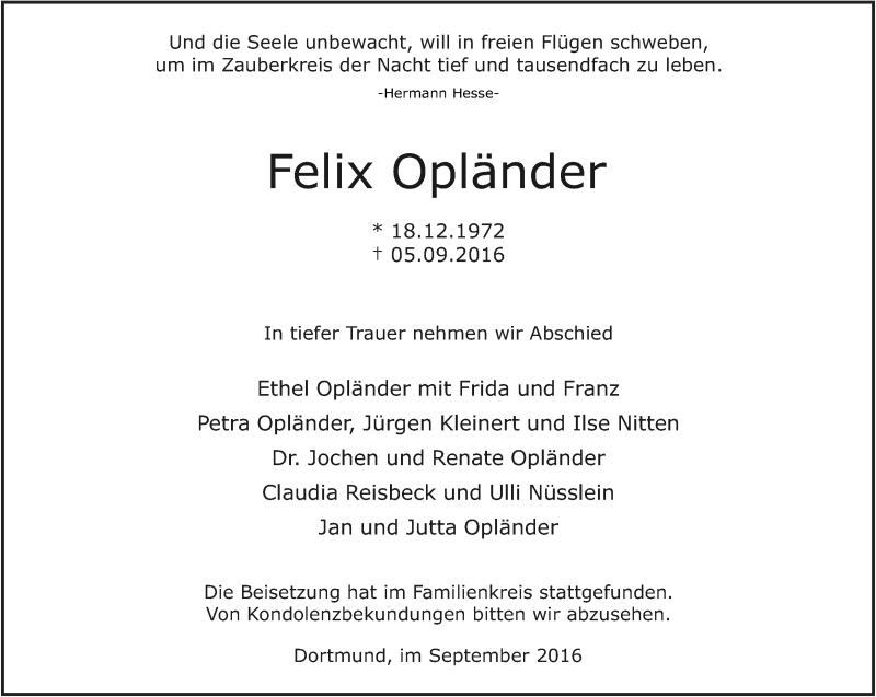  Traueranzeige für Felix Opländer vom 17.09.2016 aus Ruhr Nachrichten