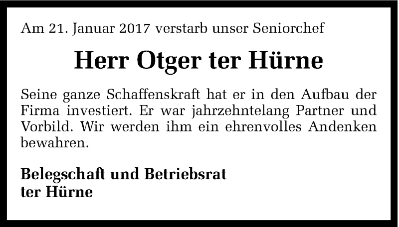  Traueranzeige für Otger ter Hürne  vom 26.01.2017 aus Münstersche Zeitung und Münsterland Zeitung
