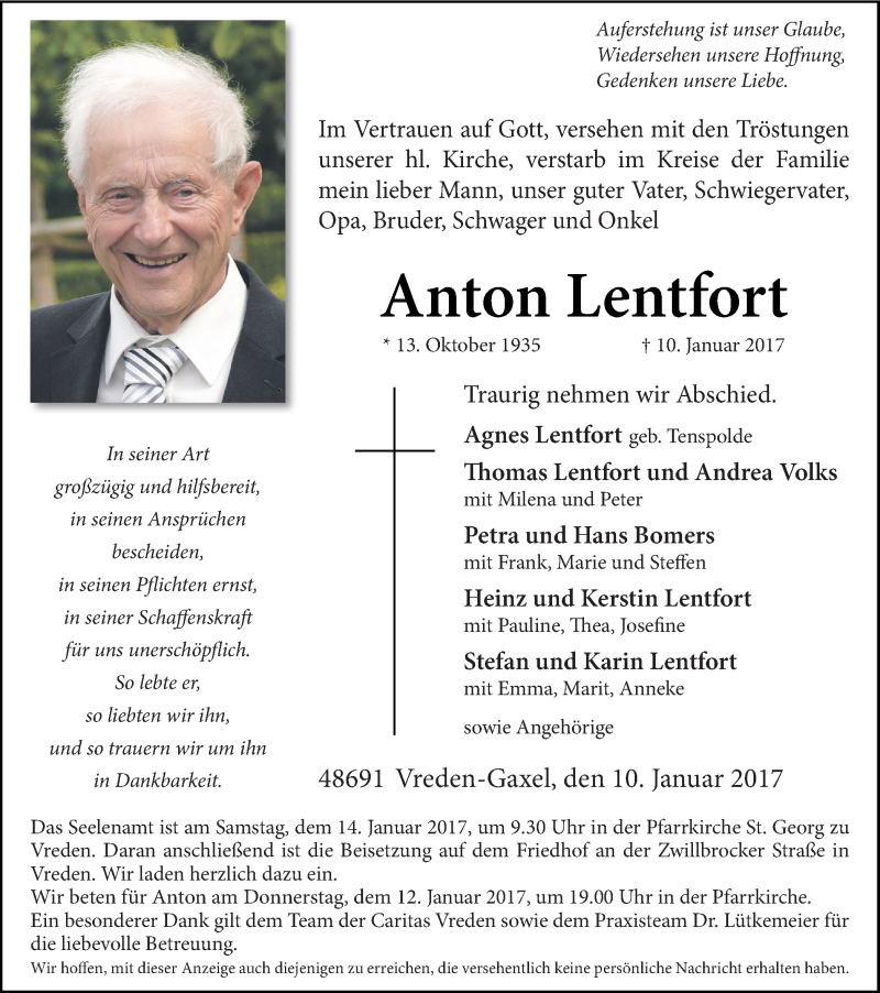  Traueranzeige für Anton Lentfort vom 11.01.2017 aus Münstersche Zeitung und Münsterland Zeitung
