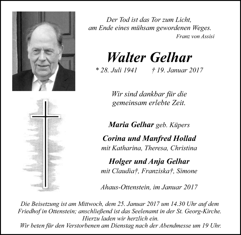  Traueranzeige für Walter Gelhar vom 23.01.2017 aus Münstersche Zeitung und Münsterland Zeitung
