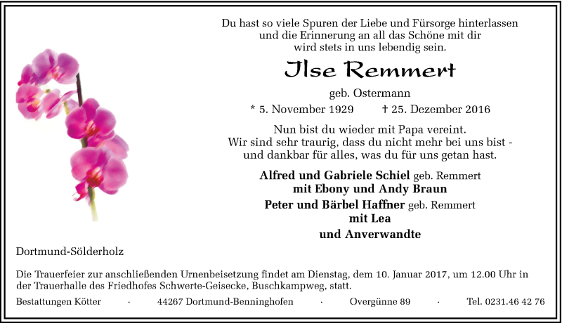  Traueranzeige für Ilse Remmert vom 04.01.2017 aus Ruhr Nachrichten