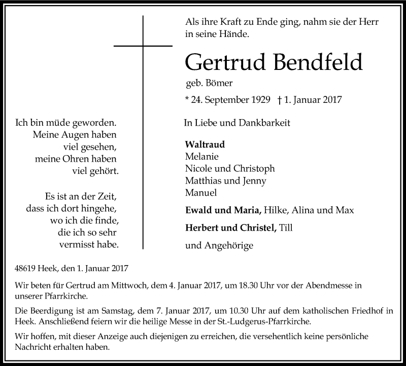  Traueranzeige für Gertrud Bendfeld vom 04.01.2017 aus Münstersche Zeitung und Münsterland Zeitung