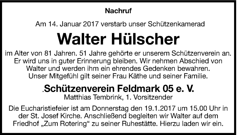  Traueranzeige für Walter Hülscher vom 18.01.2017 aus Münstersche Zeitung und Münsterland Zeitung