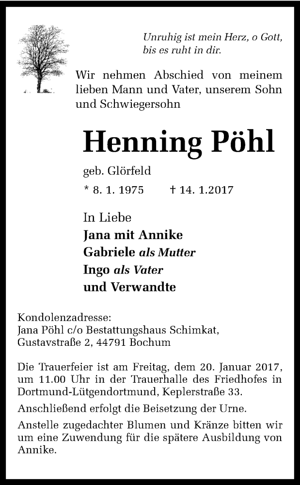  Traueranzeige für Henning Pöhl vom 18.01.2017 aus Ruhr Nachrichten