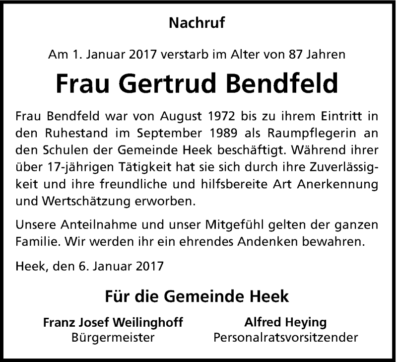  Traueranzeige für Gertrud Bendfeld vom 07.01.2017 aus Münstersche Zeitung und Münsterland Zeitung
