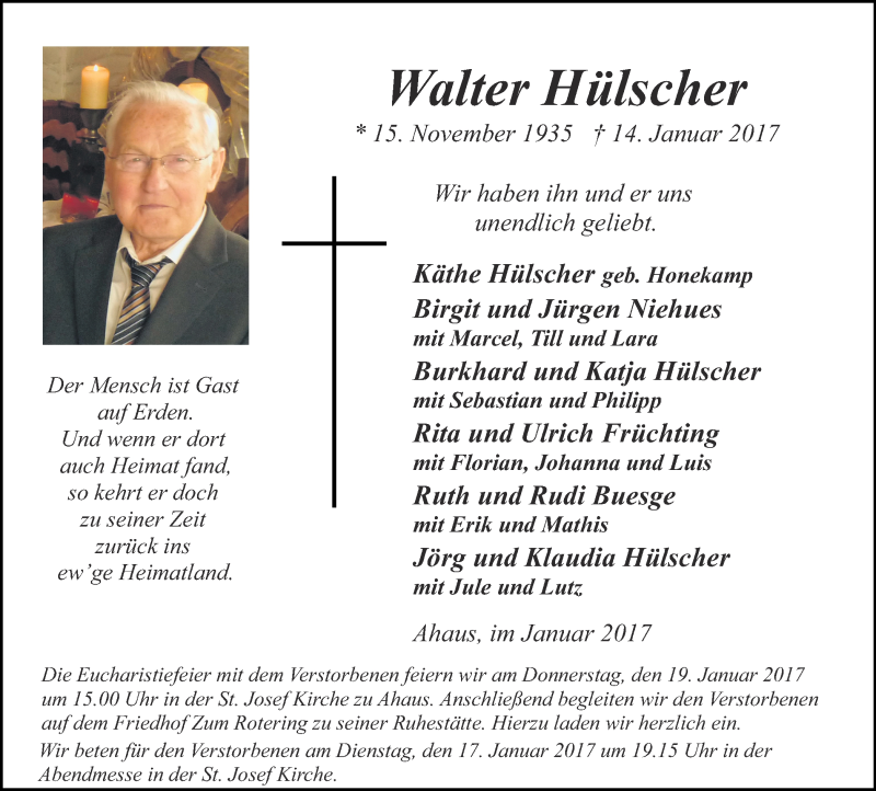  Traueranzeige für Walter Hülscher vom 17.01.2017 aus Münstersche Zeitung und Münsterland Zeitung