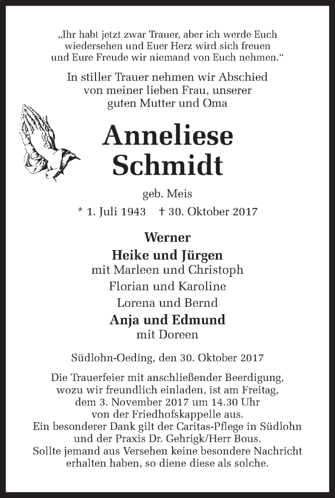  Traueranzeige für Anneliese Schmidt vom 31.10.2017 aus Münstersche Zeitung und Münsterland Zeitung