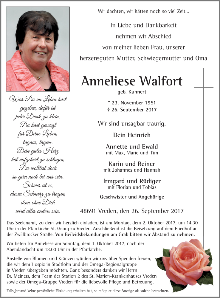  Traueranzeige für Anneliese Walfort vom 29.09.2017 aus Münstersche Zeitung und Münsterland Zeitung