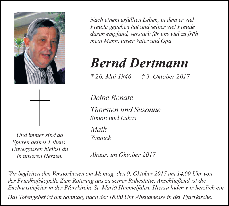 Traueranzeige für Bernd Dertmann vom 06.10.2017 aus Münstersche Zeitung und Münsterland Zeitung