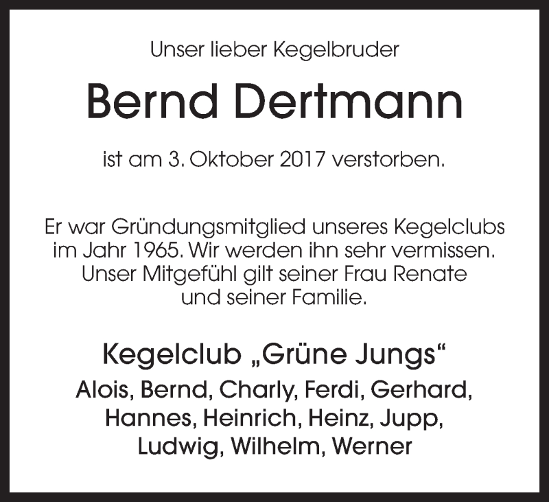  Traueranzeige für Bernd Dertmann vom 07.10.2017 aus Münstersche Zeitung und Münsterland Zeitung