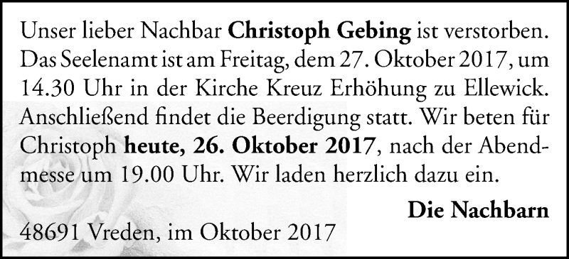  Traueranzeige für Christoph Gebing vom 26.10.2017 aus Münstersche Zeitung und Münsterland Zeitung