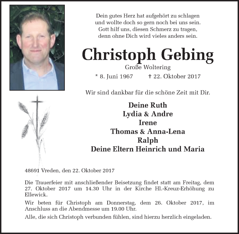  Traueranzeige für Christoph Gebing vom 25.10.2017 aus Münstersche Zeitung und Münsterland Zeitung