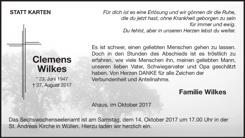  Traueranzeige für Clemens Wilkes vom 10.10.2017 aus Münstersche Zeitung und Münsterland Zeitung