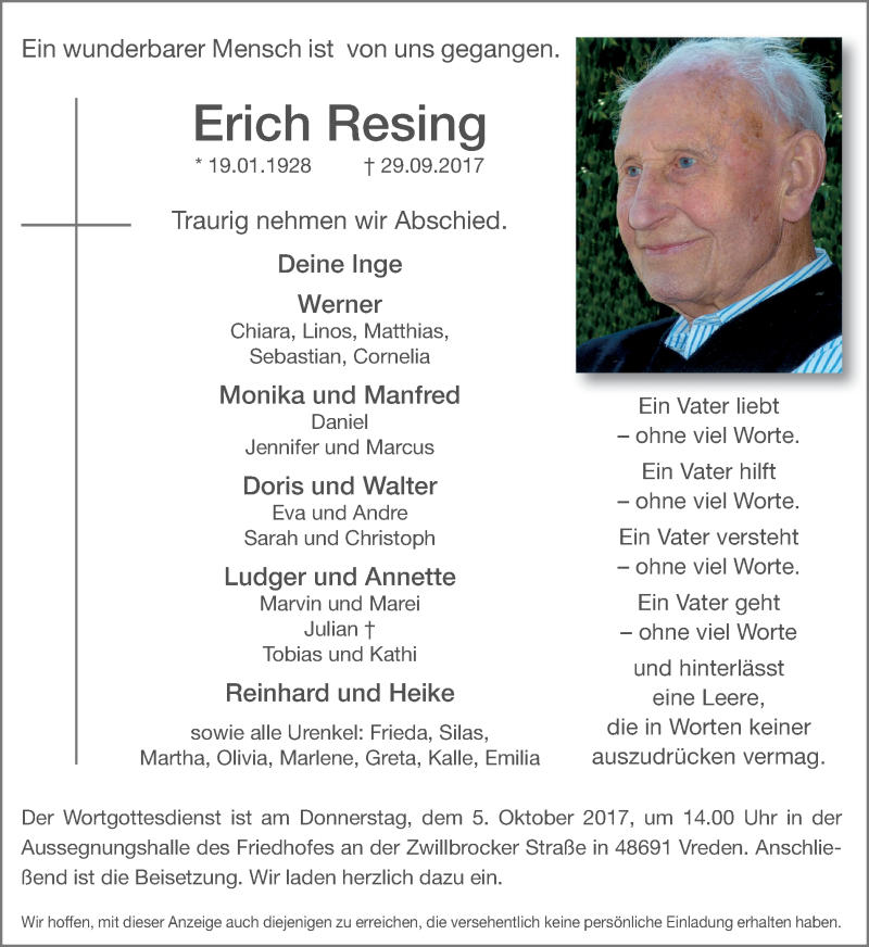  Traueranzeige für Erich Resing vom 03.10.2017 aus Münstersche Zeitung und Münsterland Zeitung