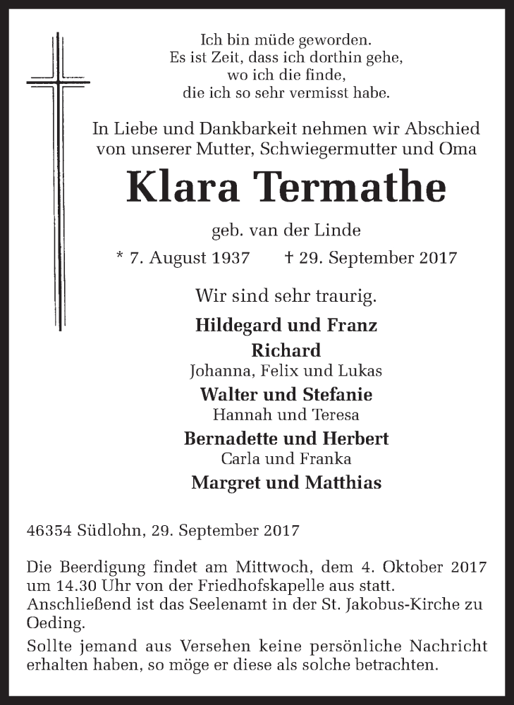  Traueranzeige für Klara Termathe vom 02.10.2017 aus Münstersche Zeitung und Münsterland Zeitung