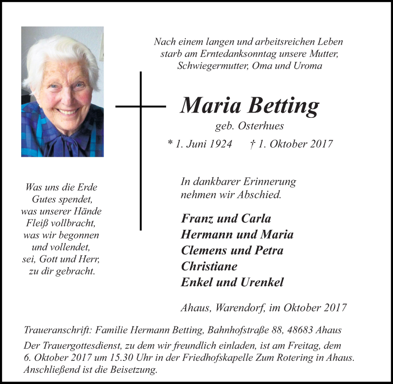  Traueranzeige für Maria Betting vom 03.10.2017 aus Münstersche Zeitung und Münsterland Zeitung