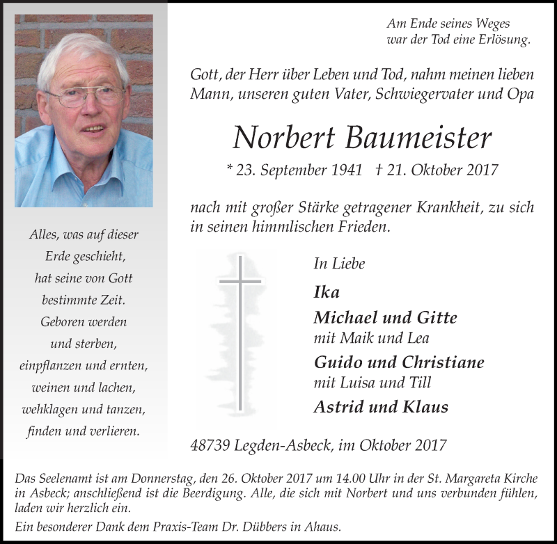  Traueranzeige für Norbert Baumeister vom 24.10.2017 aus Münstersche Zeitung und Münsterland Zeitung