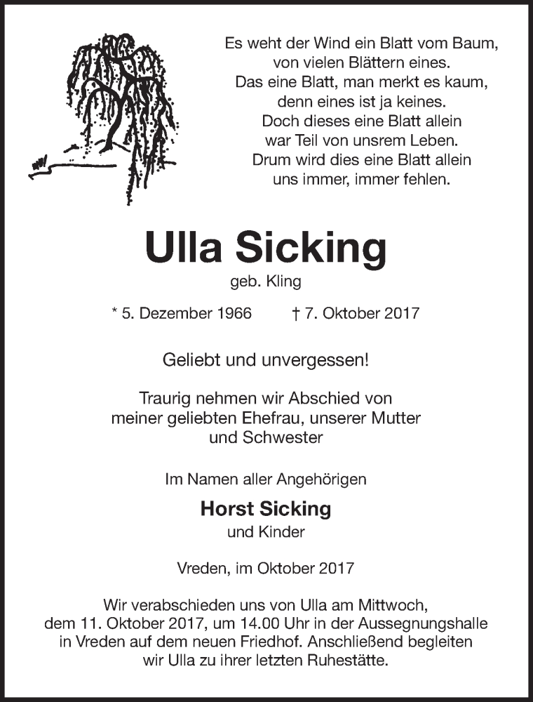  Traueranzeige für Ulla Sicking vom 10.10.2017 aus Münstersche Zeitung und Münsterland Zeitung