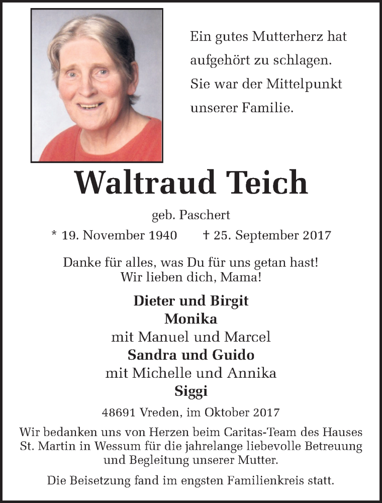  Traueranzeige für Waltraud Teich vom 07.10.2017 aus Münstersche Zeitung und Münsterland Zeitung