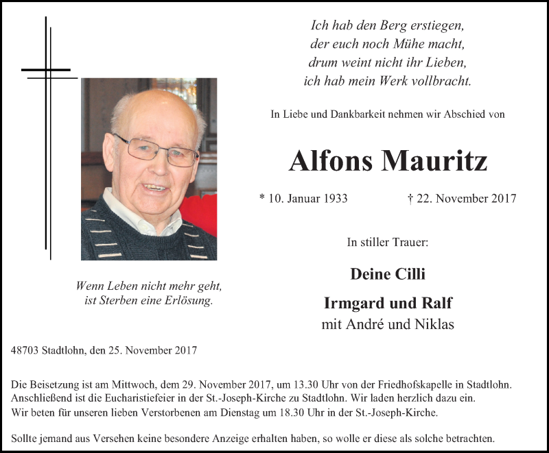  Traueranzeige für Alfons Mauritz vom 25.11.2017 aus Münstersche Zeitung und Münsterland Zeitung