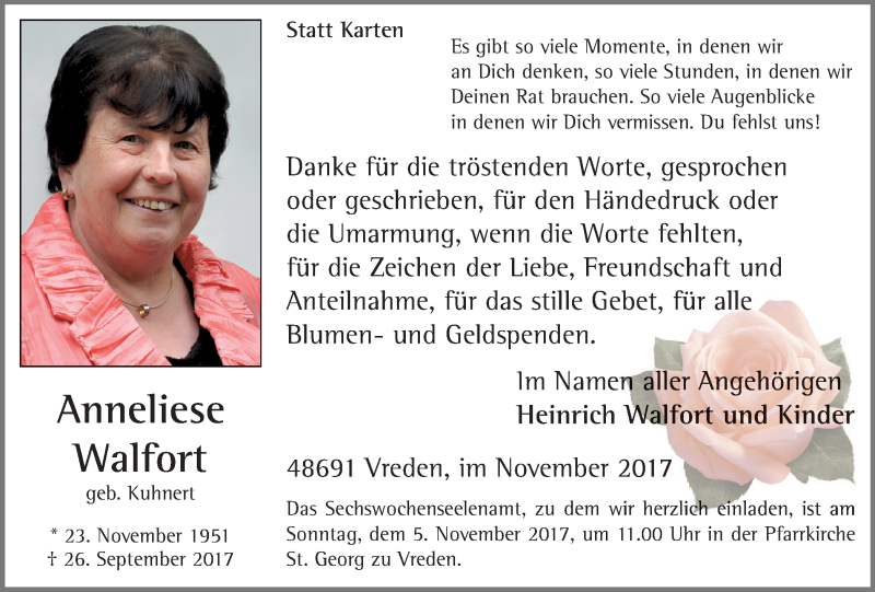  Traueranzeige für Anneliese Walfort vom 02.11.2017 aus Münstersche Zeitung und Münsterland Zeitung
