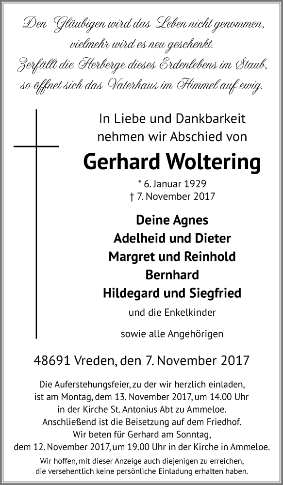  Traueranzeige für Gerhard Woltering vom 10.11.2017 aus Münstersche Zeitung und Münsterland Zeitung