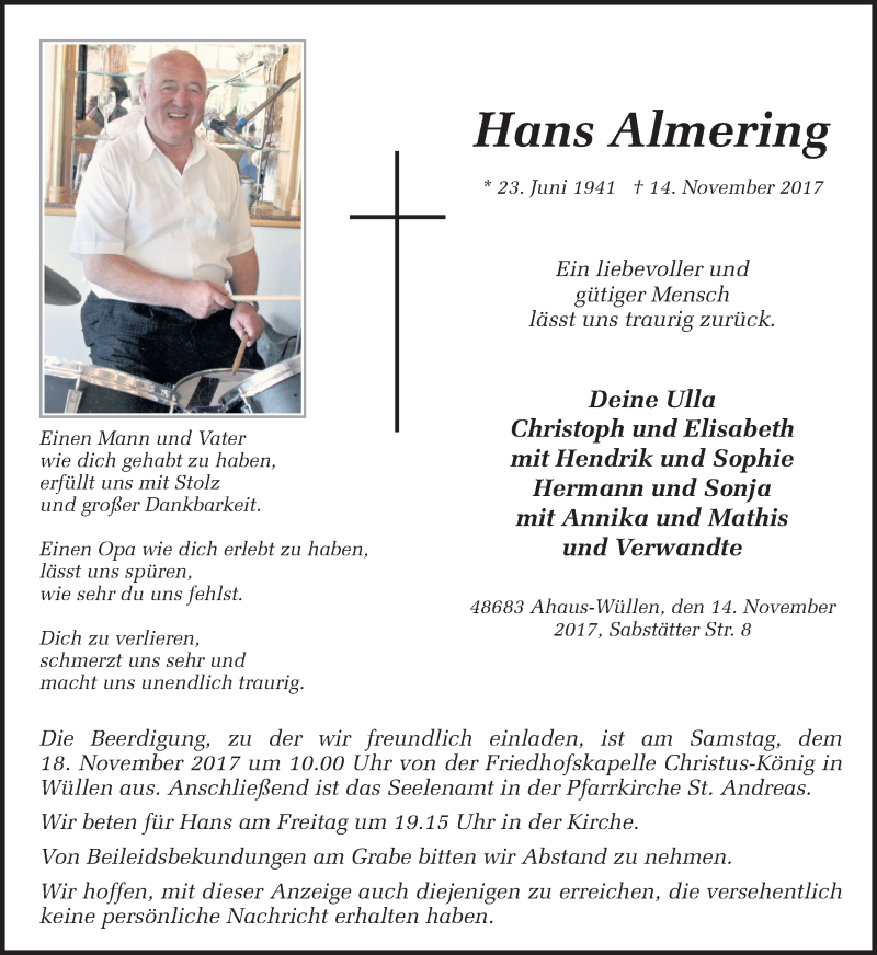  Traueranzeige für Hans Almering vom 16.11.2017 aus Münstersche Zeitung und Münsterland Zeitung
