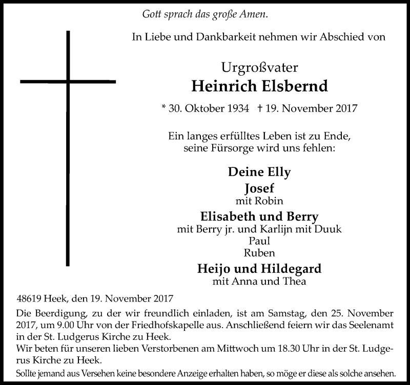  Traueranzeige für Heinrich Elsbernd vom 21.11.2017 aus Münstersche Zeitung und Münsterland Zeitung