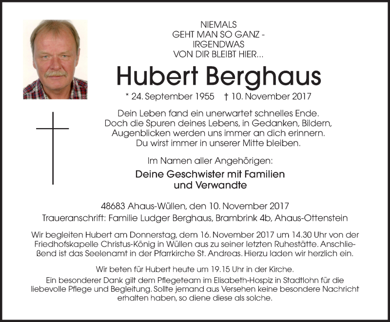  Traueranzeige für Hubert Berghaus vom 13.11.2017 aus Münstersche Zeitung und Münsterland Zeitung