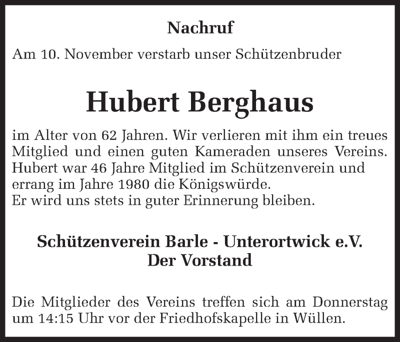  Traueranzeige für Hubert Berghaus vom 14.11.2017 aus Münstersche Zeitung und Münsterland Zeitung