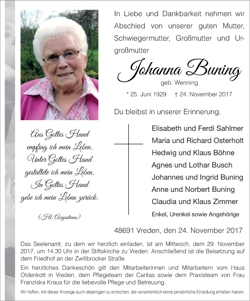  Traueranzeige für Johanna Buning vom 28.11.2017 aus Münstersche Zeitung und Münsterland Zeitung