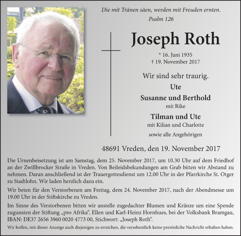  Traueranzeige für Joseph Roth vom 22.11.2017 aus Münstersche Zeitung und Münsterland Zeitung