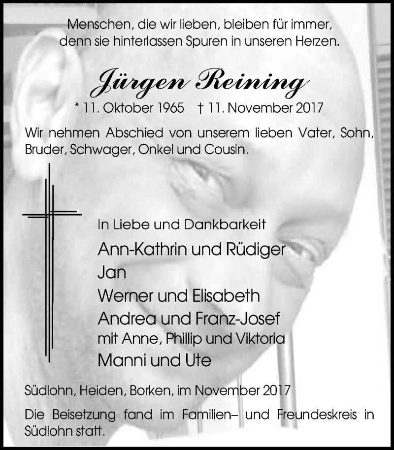  Traueranzeige für Jürgen Reining vom 22.11.2017 aus Münstersche Zeitung und Münsterland Zeitung