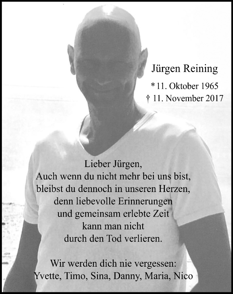  Traueranzeige für Jürgen Reining vom 22.11.2017 aus Münstersche Zeitung und Münsterland Zeitung