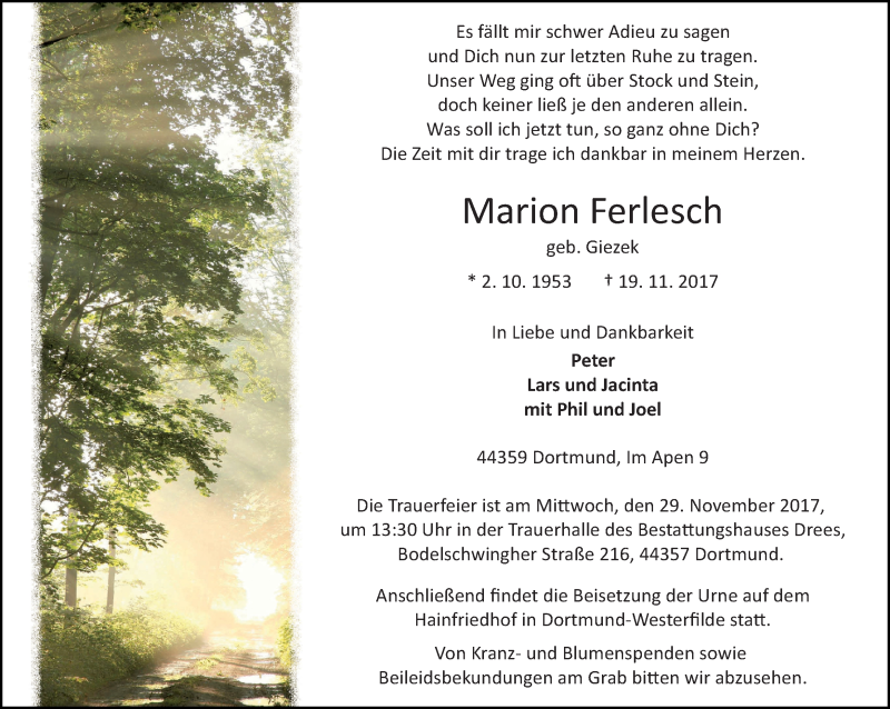  Traueranzeige für Marion Ferlesch vom 22.11.2017 aus Ruhr Nachrichten