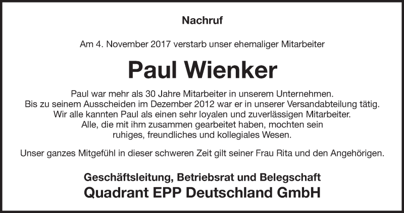  Traueranzeige für Paul Wienker vom 09.11.2017 aus Münstersche Zeitung und Münsterland Zeitung