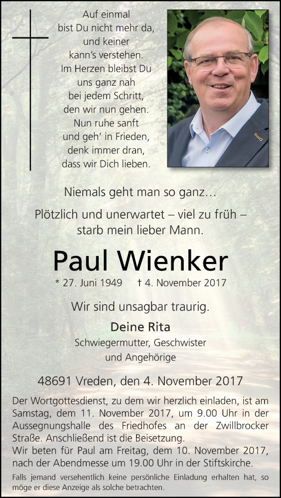 Traueranzeige für Paul Wienker vom 07.11.2017 aus Münstersche Zeitung und Münsterland Zeitung